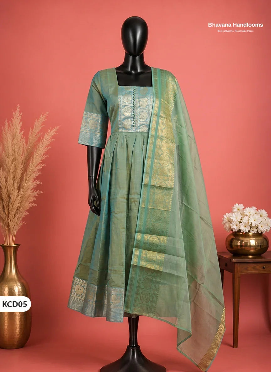 Premium Kanchi Cotton 2PC Frock Set in Mint Green with Dupatta | Elegant Traditional Wear