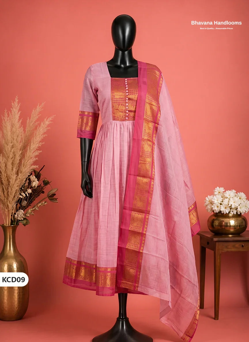 Premium Kanchi Cotton 2PC Frock Set in Soft Rose Pink with Dupatta | Elegant Traditional Wear