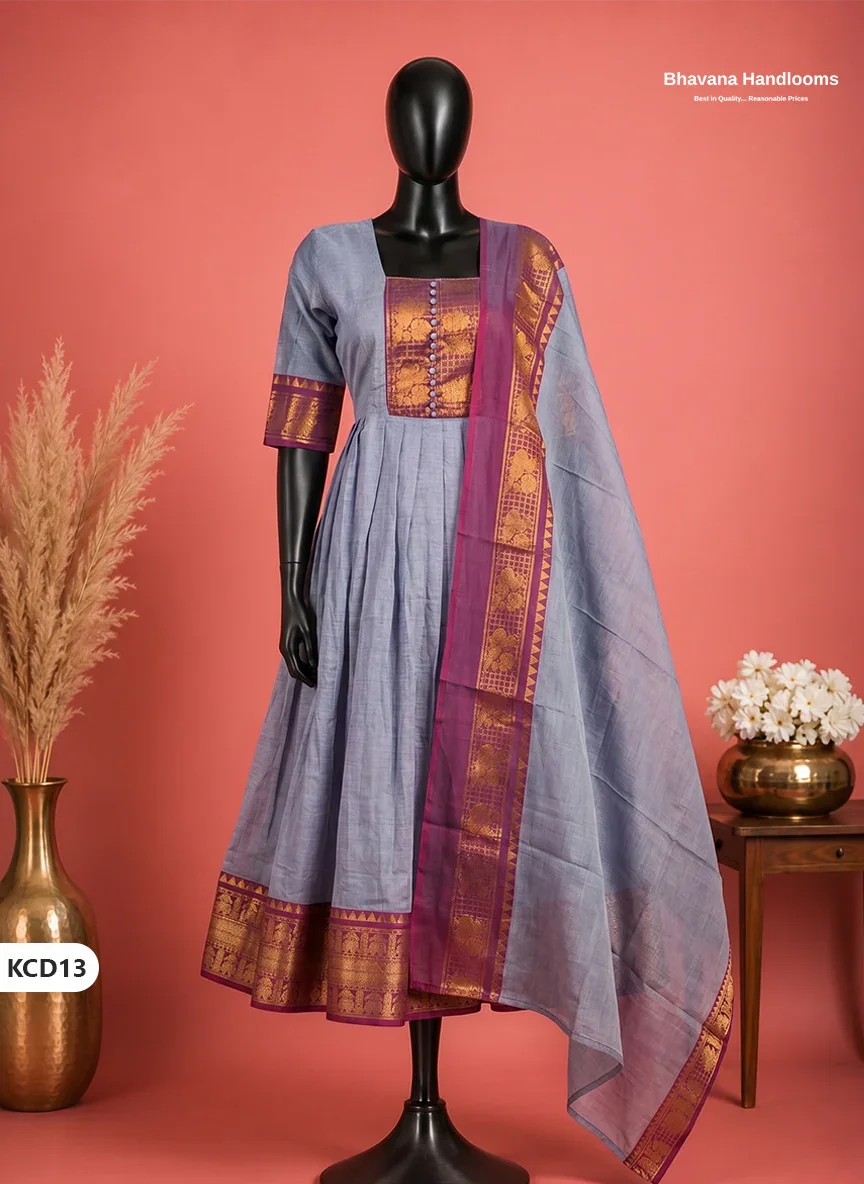 Premium Kanchi Cotton 2PC Frock Set in Muted Lavender Blue with Dupatta | Elegant Traditional Wear