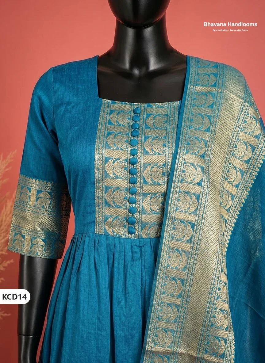 Premium Kanchi Cotton 2PC Frock Set in Peacock Blue with Dupatta | Elegant Traditional Wear