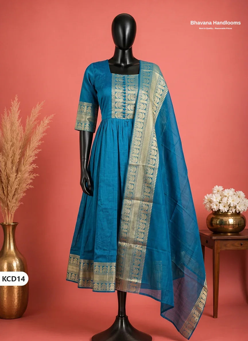 Premium Kanchi Cotton 2PC Frock Set in Peacock Blue with Dupatta | Elegant Traditional Wear