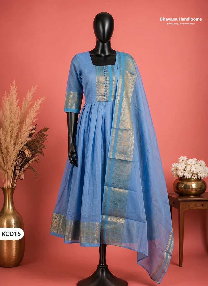 Premium Kanchi Cotton 2PC Frock Set in Sky Blue with Dupatta | Elegant Traditional Wear