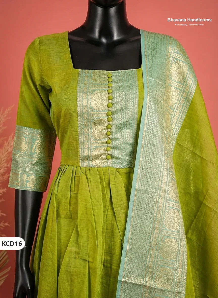 Premium Kanchi Cotton 2PC Frock Set in Olive Chartreuse with Dupatta | Elegant Traditional Wear