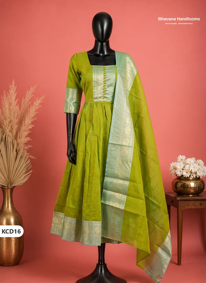 Premium Kanchi Cotton 2PC Frock Set in Olive Chartreuse with Dupatta | Elegant Traditional Wear