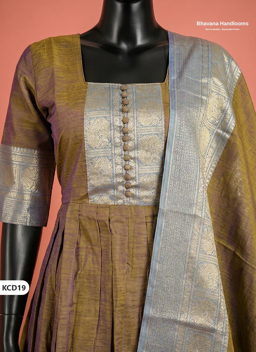 Premium Kanchi Cotton 2PC Frock Set in Classic Drak Mustard Brown with Dupatta | Elegant Traditional Wear