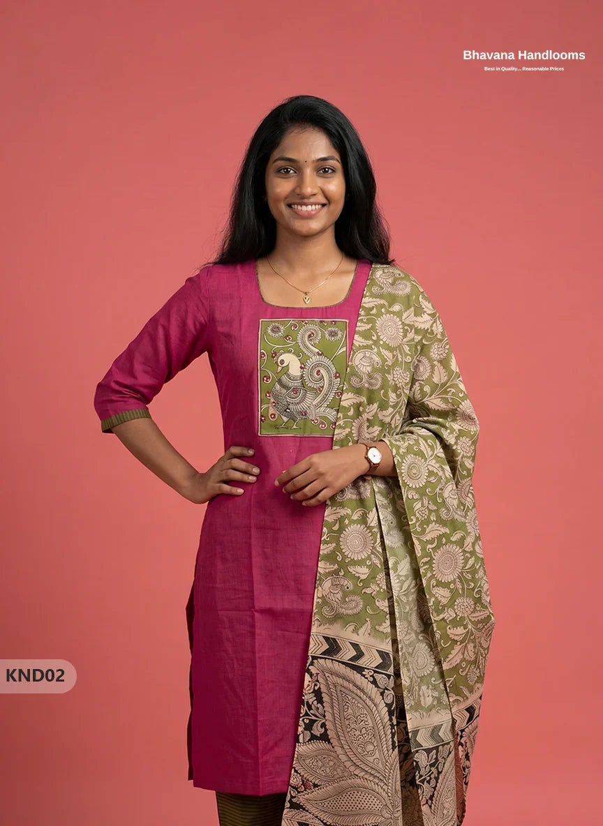 Kalamkari Patch Work 3PC Kurti Set in Rani Pink with Kalamkari Dupatta | Full Length Lining | Ready-to-Wear Ethnic Wear