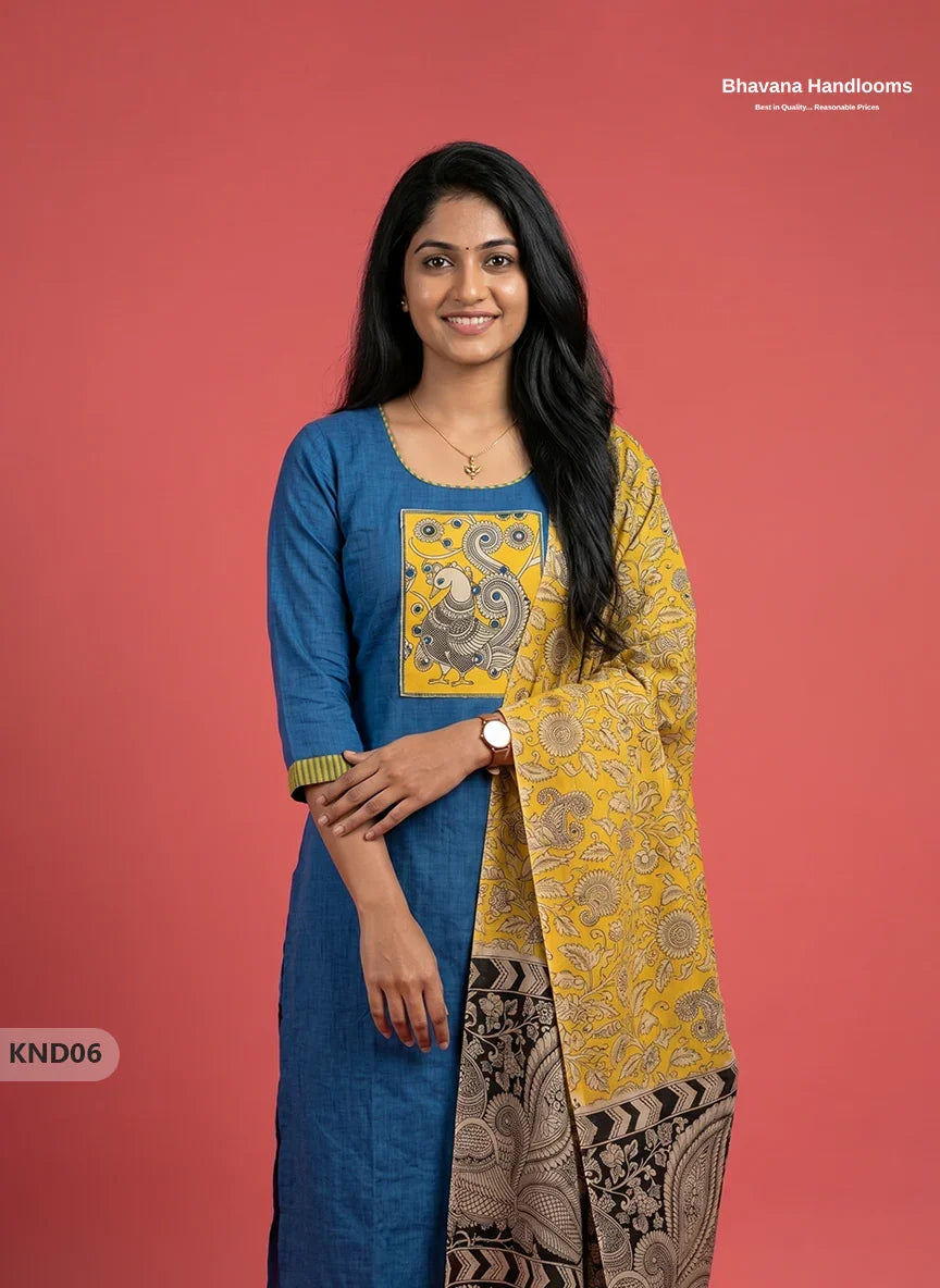Kalamkari Patch Work 3PC Kurti Set in Peacock Blue with Kalamkari Dupatta | Full Length Lining | Ready-to-Wear Ethnic Wear