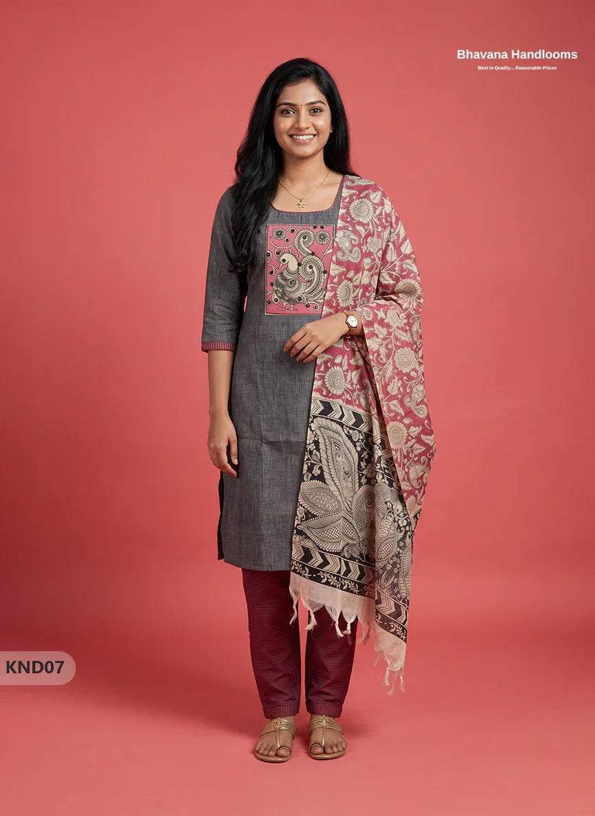 Kalamkari Patch Work 3PC Kurti Set in Charcoal Grey with Kalamkari Dupatta | Full Length Lining | Ready-to-Wear Ethnic Wear
