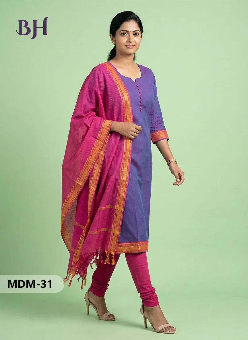 Mangalagiri Cotton 3PC Set – Bluish Purple | Full-Length Lining | Handloom Ethnic Wear