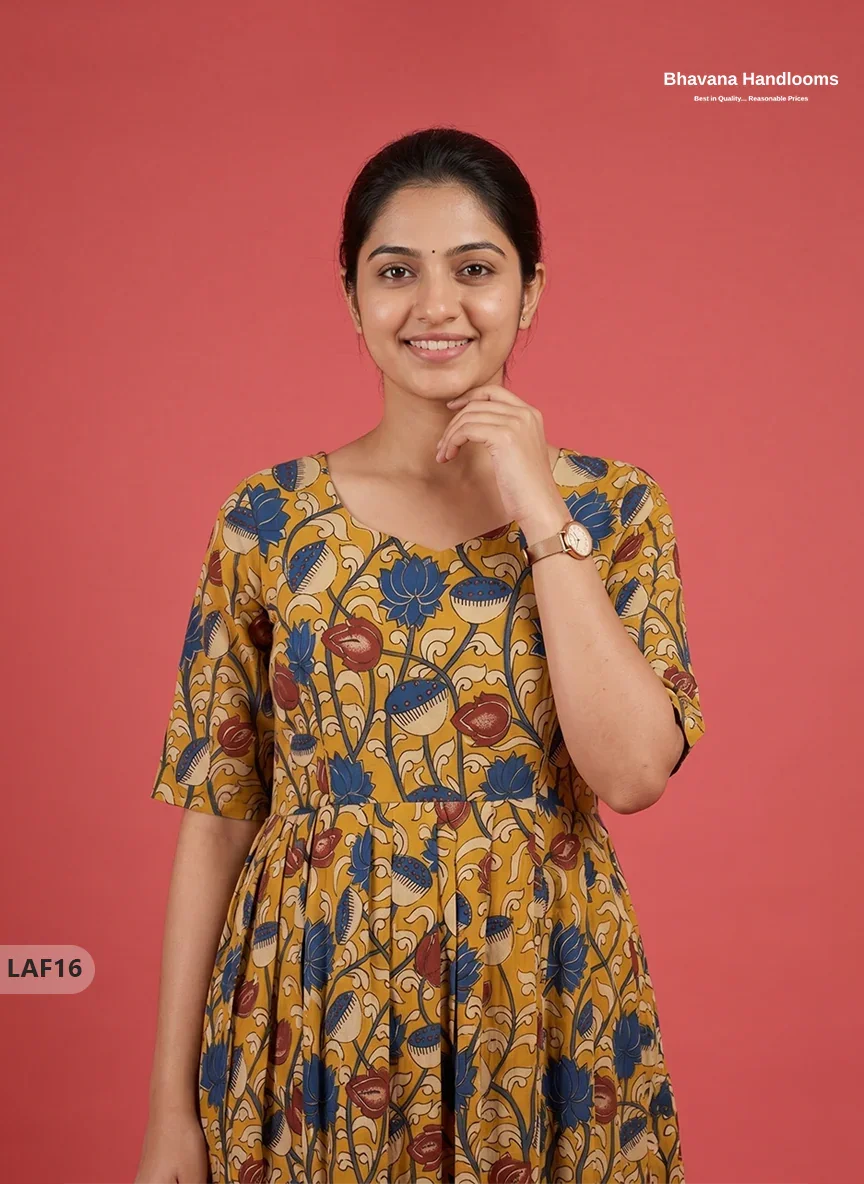 Feeding Frock with Kalamkari Design β Yellow Color | Invisible Zips | Half Lining Maternity Wearb