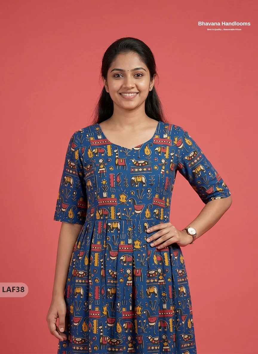 Feeding Frock with Kalamkari Design ā Blue Color | Invisible Zips | Half Lining Maternity Wearb