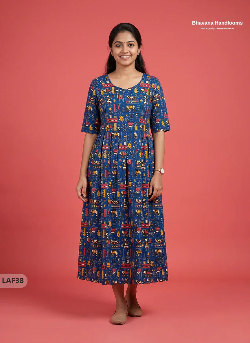 Feeding Frock with Kalamkari Design ā Blue Color | Invisible Zips | Half Lining Maternity Wearb