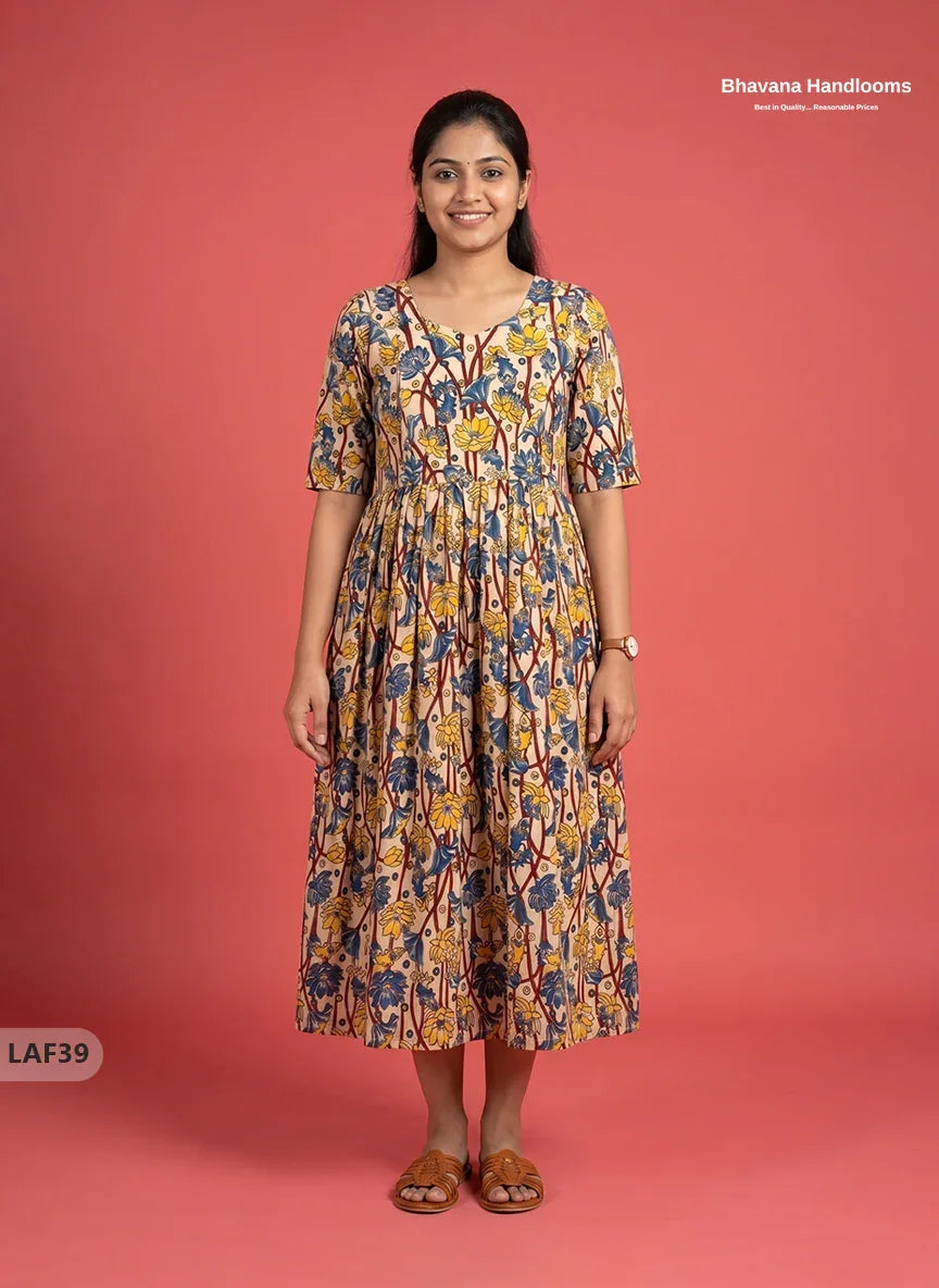 Feeding Frock with Kalamkari Design β Beige Color | Invisible Zips | Half Lining Maternity Wearb