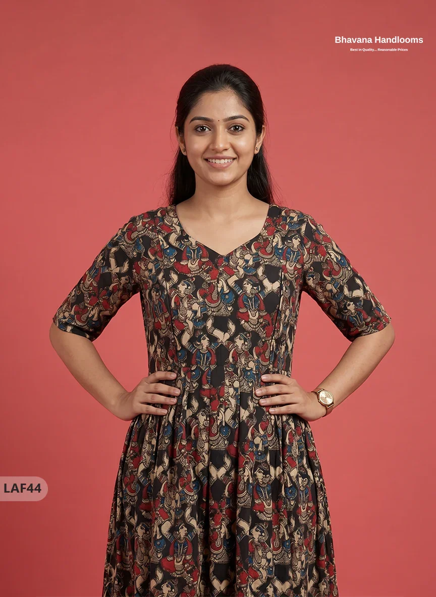 Feeding Frock with Kalamkari Design β Black Color | Invisible Zips | Half Lining Maternity Wearb