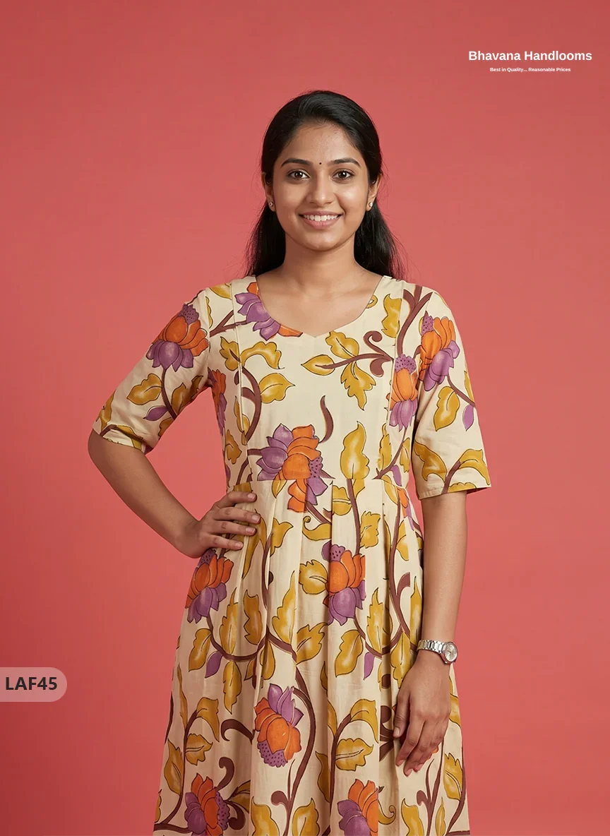 Feeding Frock with Kalamkari Design ā Beige Color | Invisible Zips | Half Lining Maternity Wearb