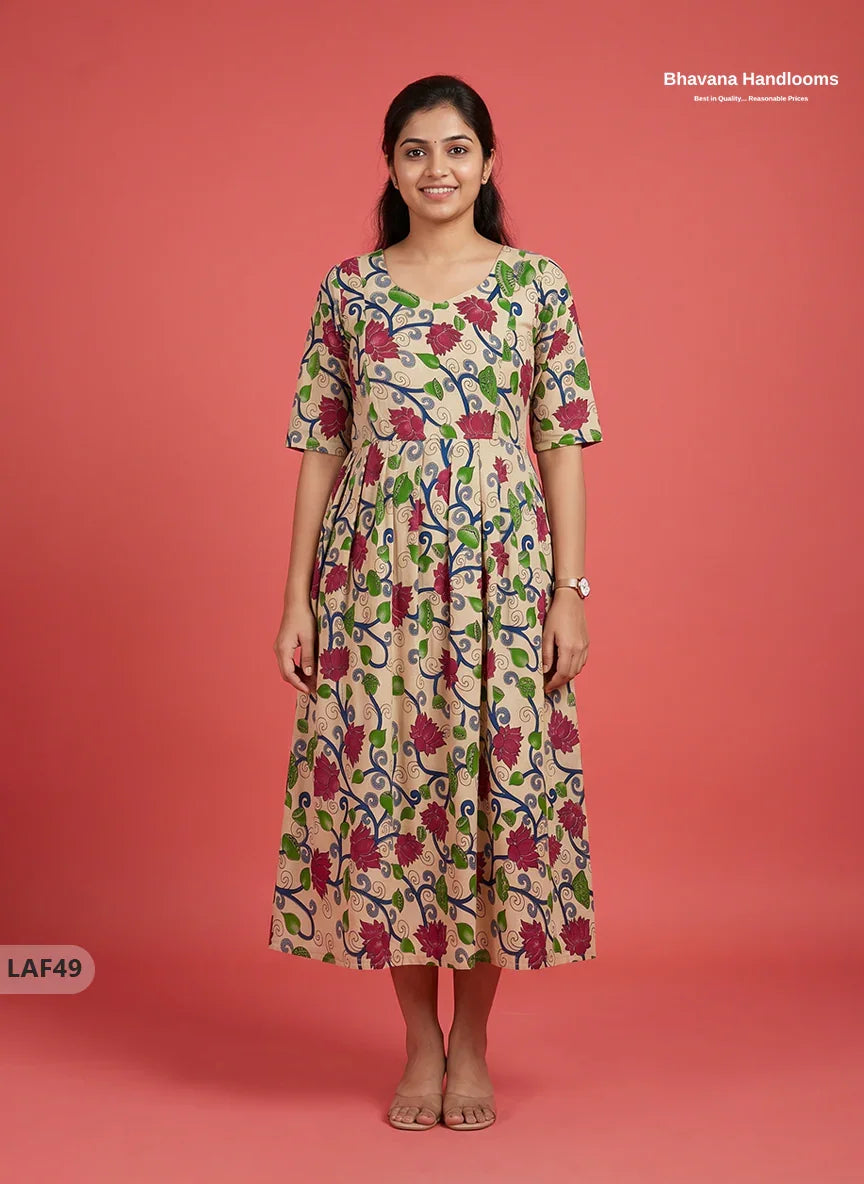 Feeding Frock with Kalamkari Design β Beige Color | Invisible Zips | Half Lining Maternity Wearb