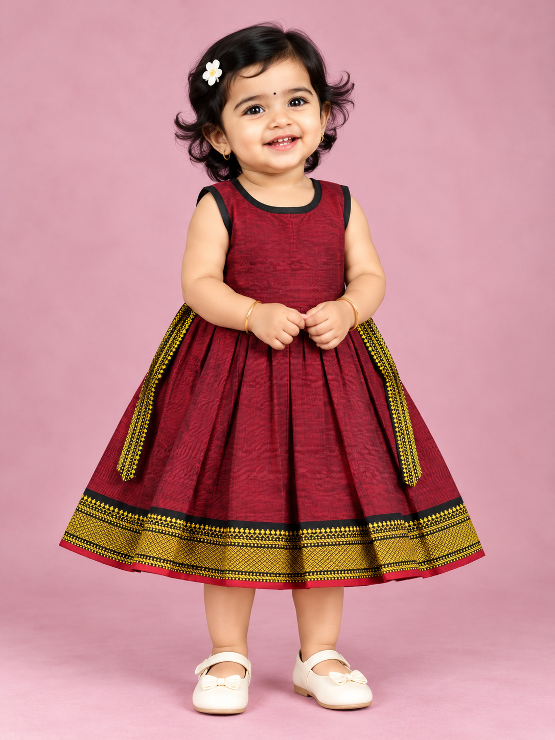 Maroon & Mustard Border Baby Frock for Girls – 1 to 3 Years – photo 1