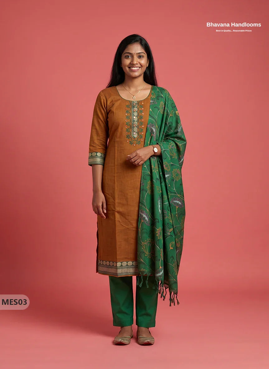 Premium Mangalagiri Kurti Set with Embroidery Design, Threads Bottom & Printed Dupatta – Ochre Earth Colour