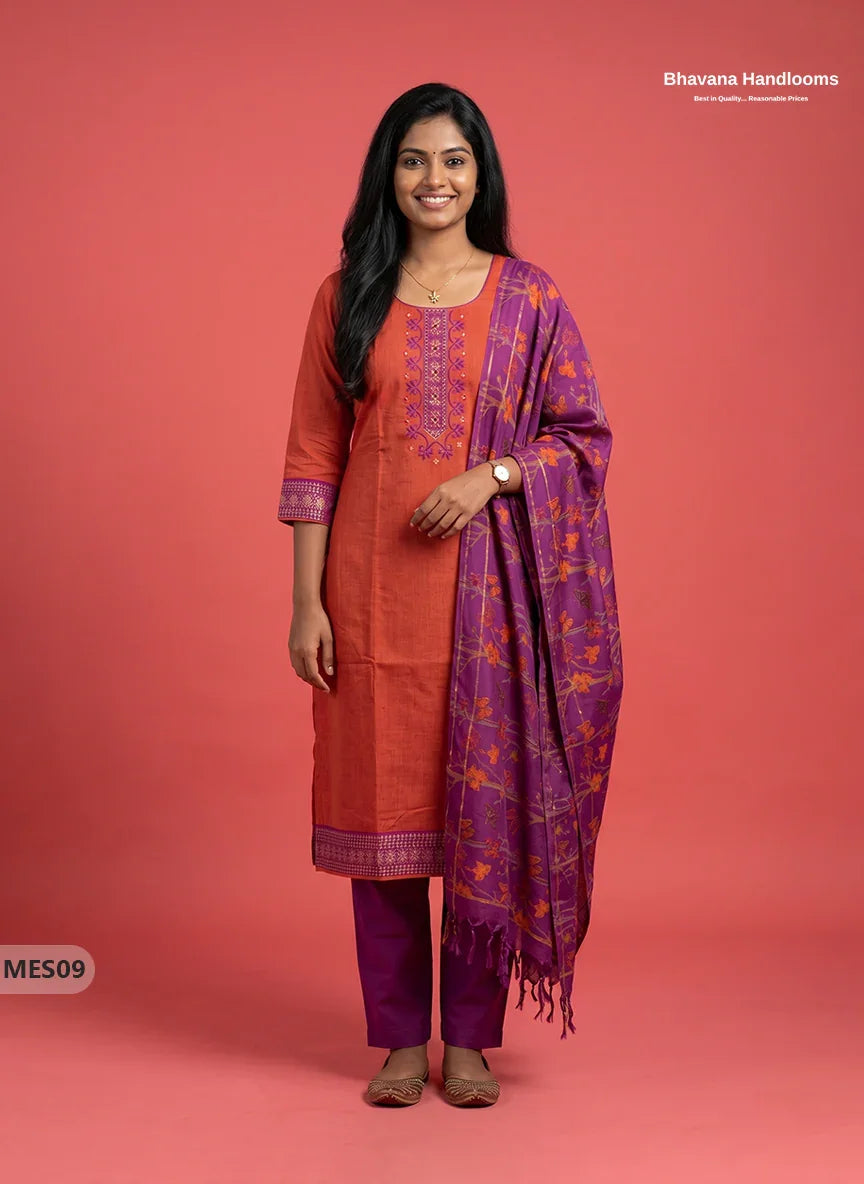 Premium Mangalagiri Kurti Set with Embroidery Design, Threads Bottom & Printed Dupatta ā Pink & Orange Double Wevan