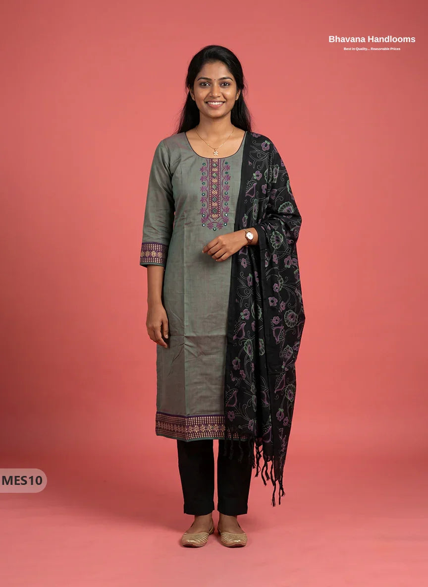 Premium Mangalagiri Kurti Set with Embroidery Design, Elastic Bottom & Printed Dupatta ā Olive Grey Colour