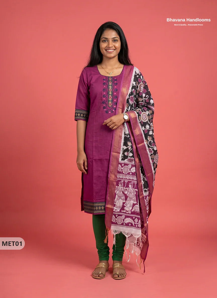 Premium Mangalagiri 2PC Kurti Set in Magenta Purple Colour with Embroidery Design & Printed Dupatta