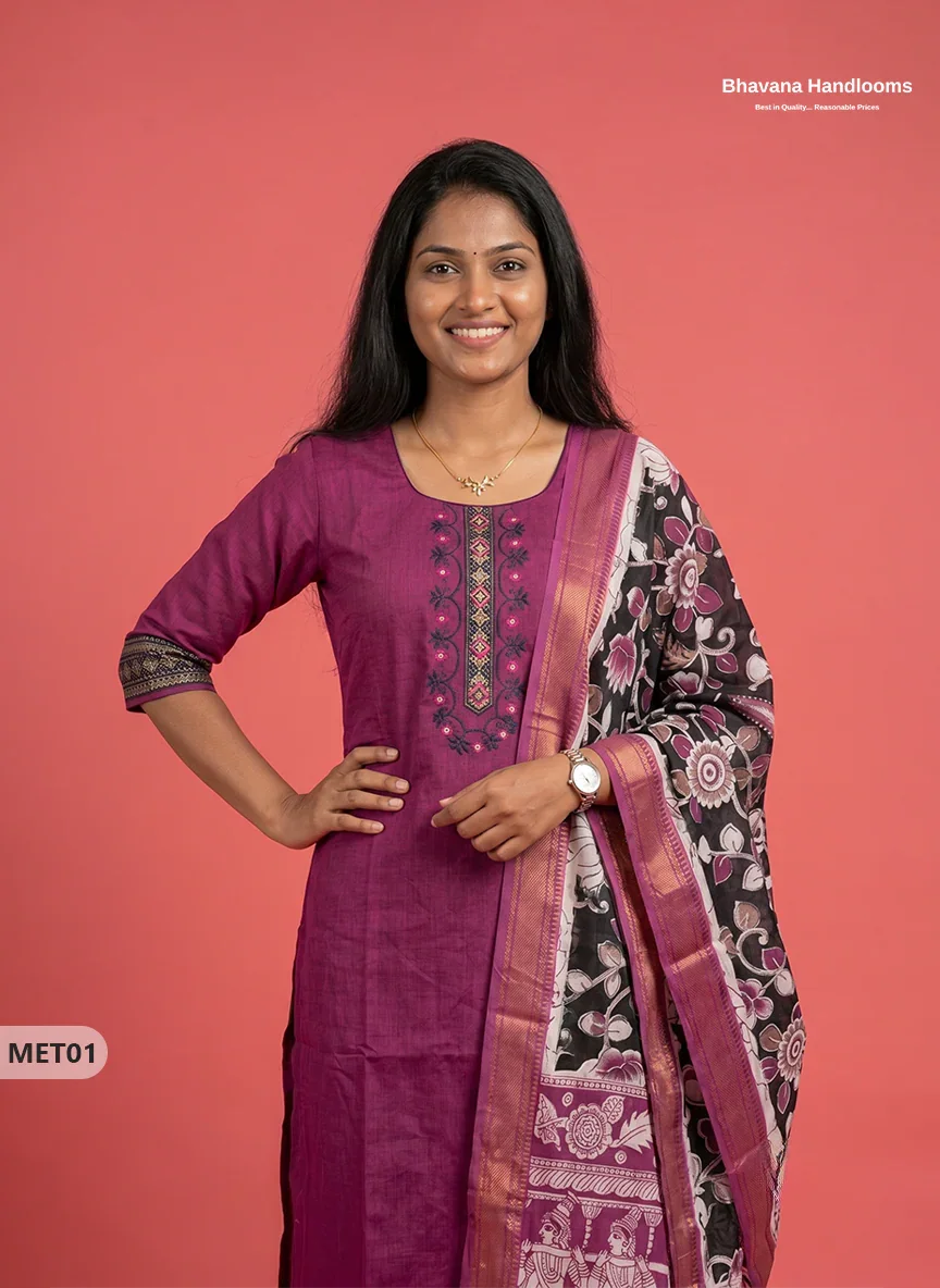 Premium Mangalagiri 2PC Kurti Set in Magenta Purple Colour with Embroidery Design & Printed Dupatta