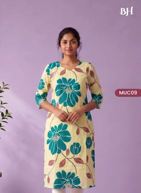 Cream Yellow & Teal Blue Floral Printed Mul Cotton Top with Full-Length Cotton Lining | Women's Casual Wear