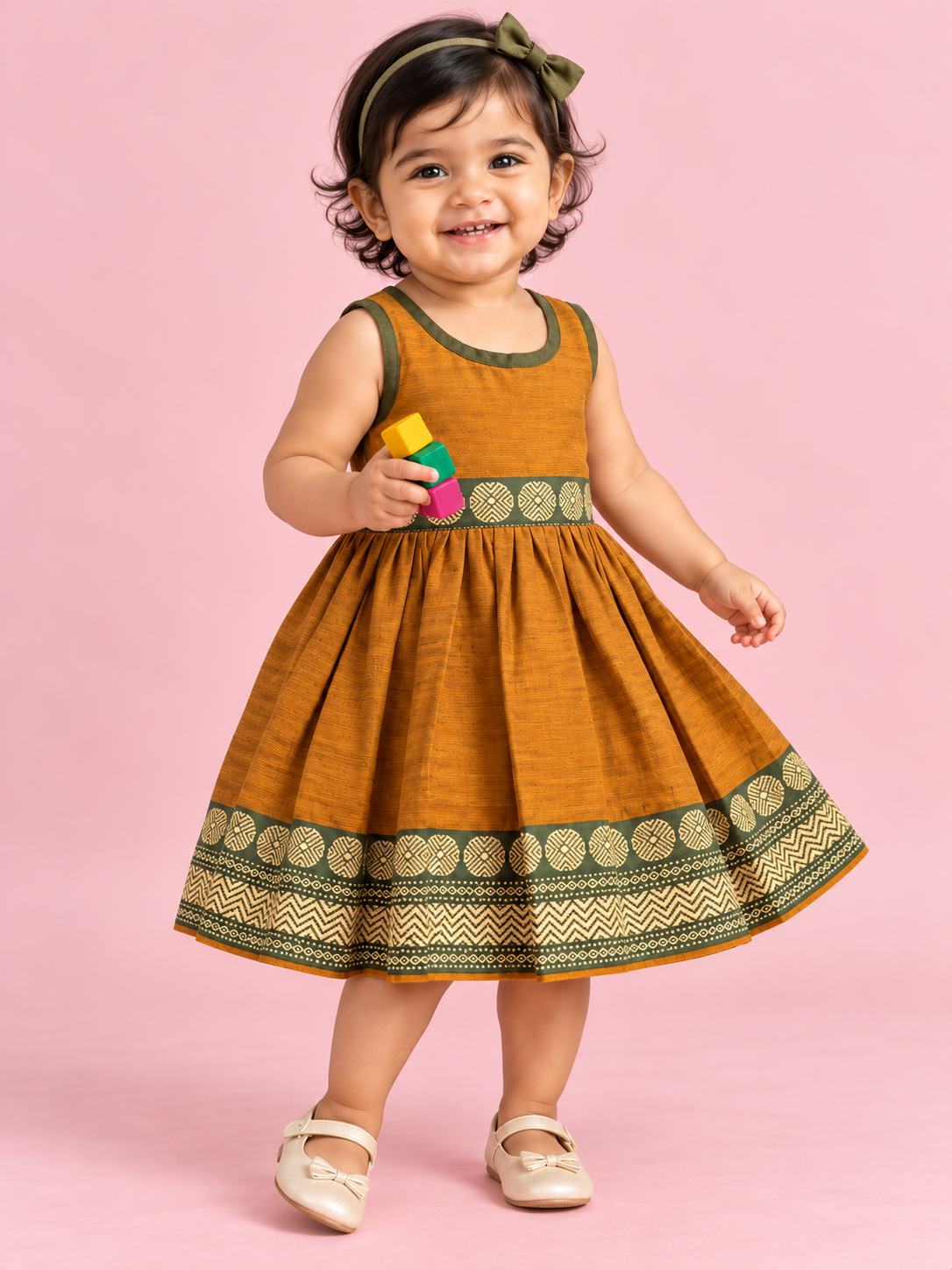 Mustard & Green Border Baby Frock for Girls – 1 to 3 Years – photo 1