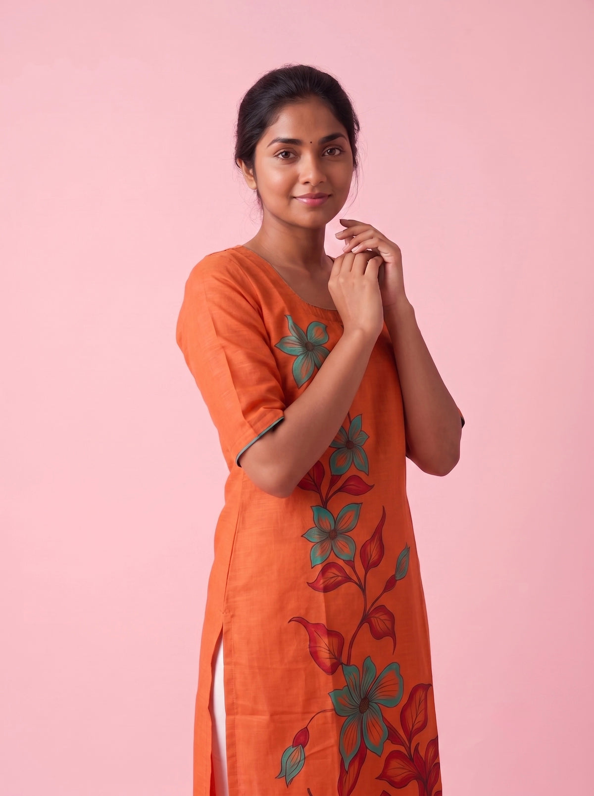 Orange Cotton Top | Scoop Neck | Half Sleeves | Without Lining