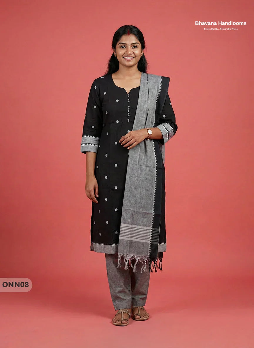 Mangalagiri Cotton 3PC Set with Full-Length Lining & Elastic Pocket Bottom – Indian Black