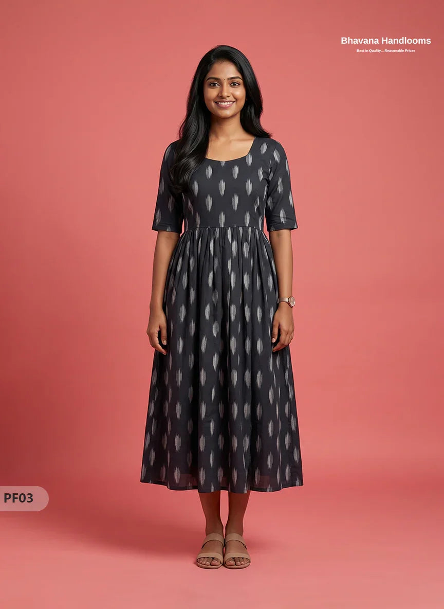 Handcrafted Pochampally Black Cotton Frock with Knot Detailing – Ethnic Wear for Women