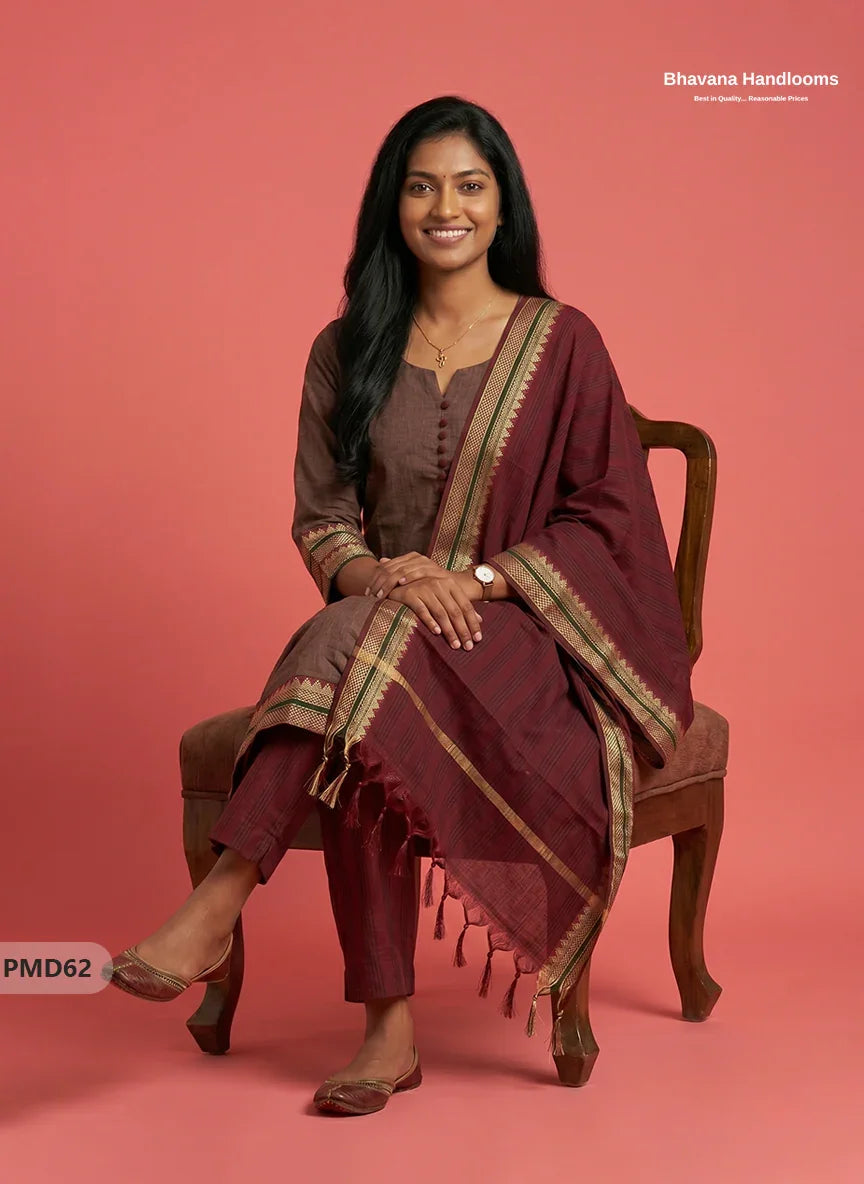 Pure Handloom Kurti Set with Chettinadu Border & Potli Balls | Coffee Brown Colour Ethnic Wear