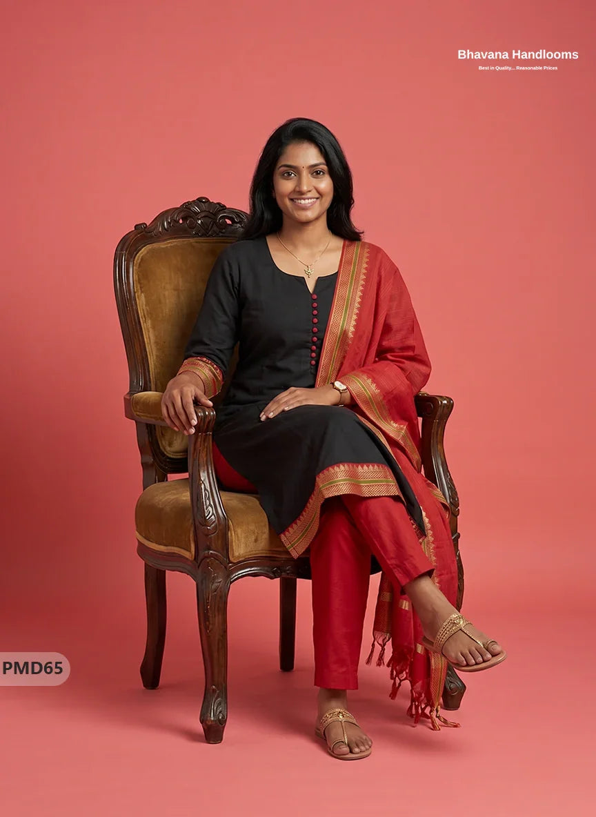 Pure Handloom Kurti Set with Chettinadu Border & Potli Balls | Black Colour Ethnic Wear