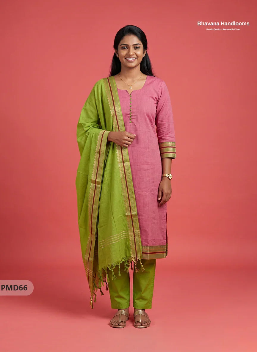 Pure Handloom Kurti Set with Chettinadu Border & Potli Balls | Onion Pink Colour Ethnic Wear