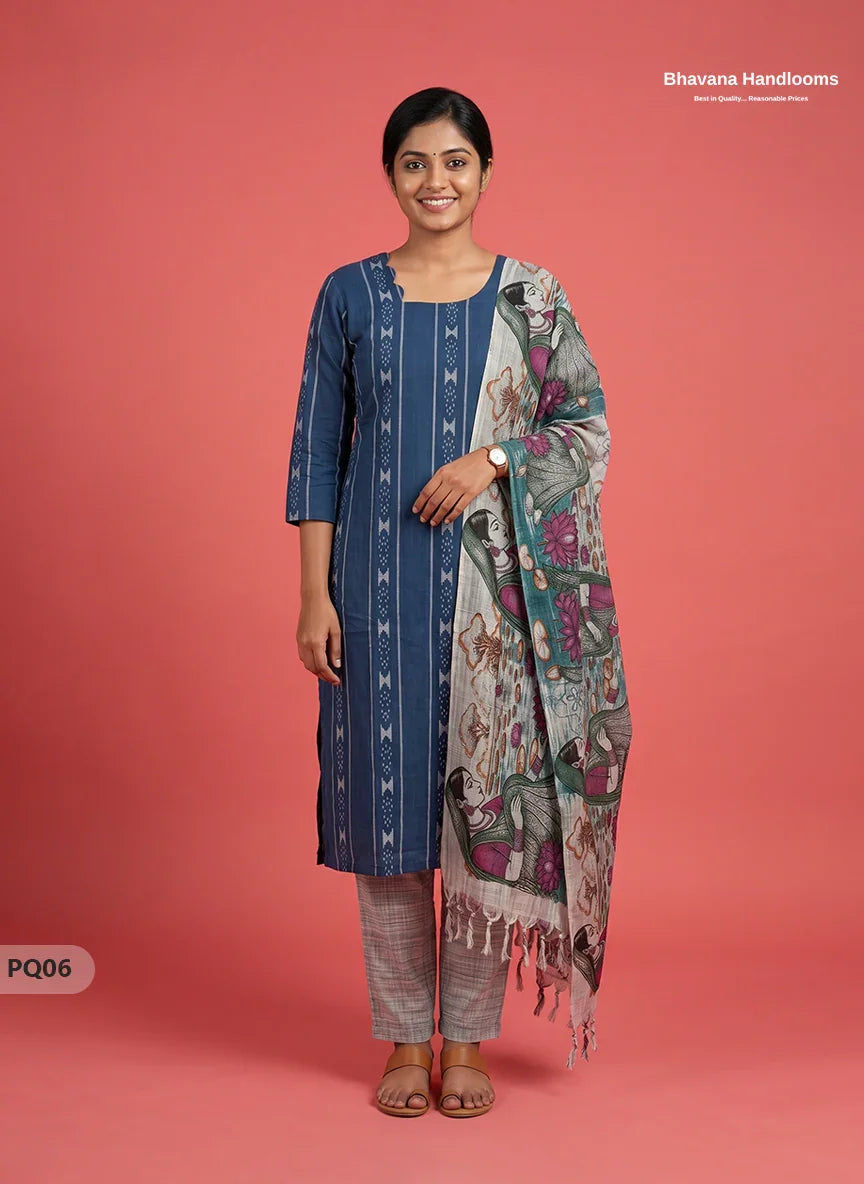 Royal Blue Jacquard 3PC Kurti Set with Peacock Dupatta & Elastic Pant | Bhavana Handlooms