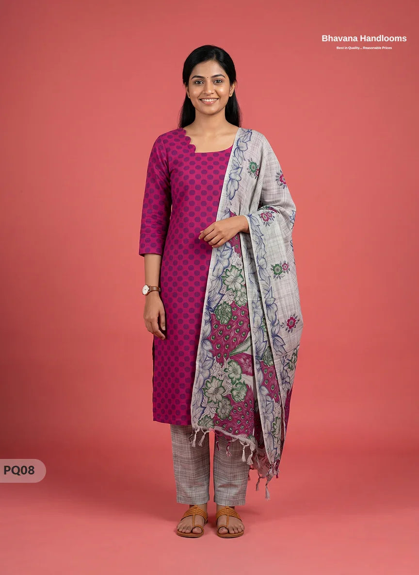 Rani Pink Jacquard 3PC Kurti Set with Peacock Dupatta & Elastic Pant | Bhavana Handlooms