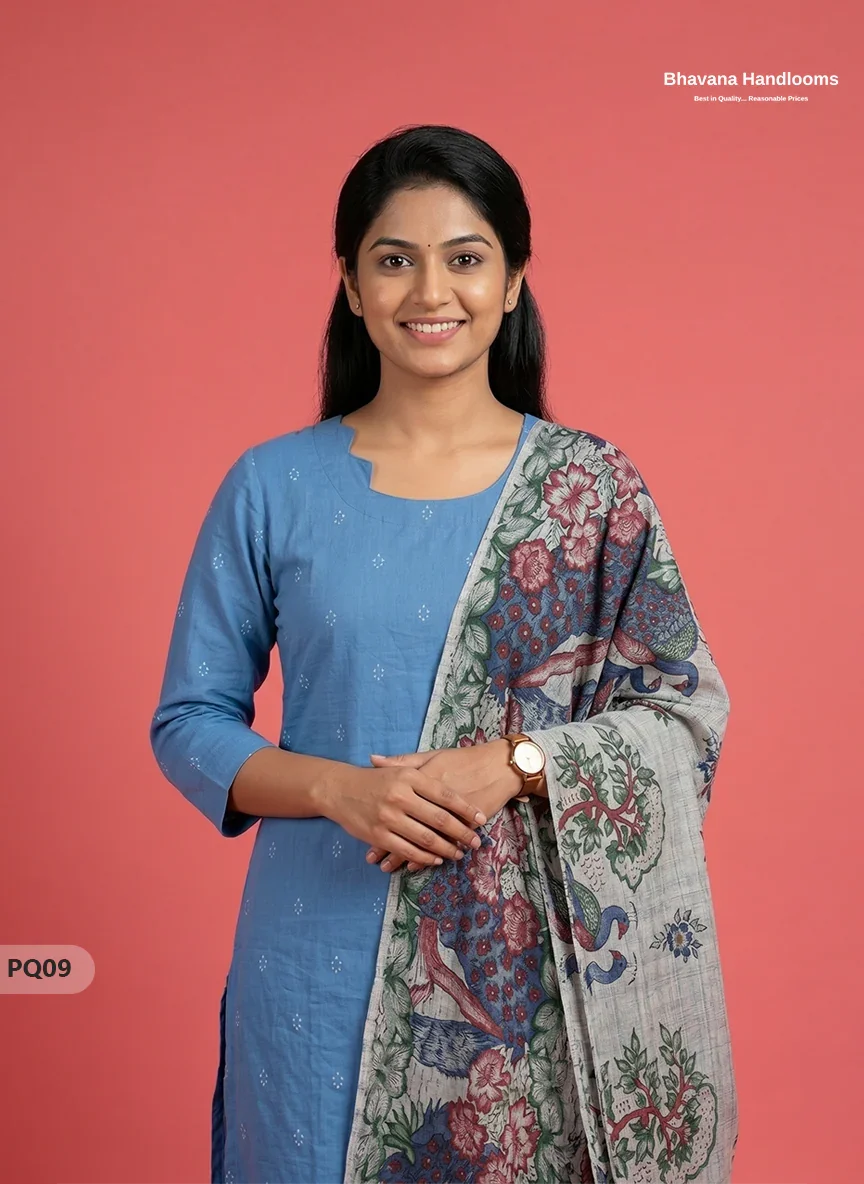 Sky Blue Jacquard 3PC Kurti Set with Peacock Dupatta & Elastic Pant | Bhavana Handlooms