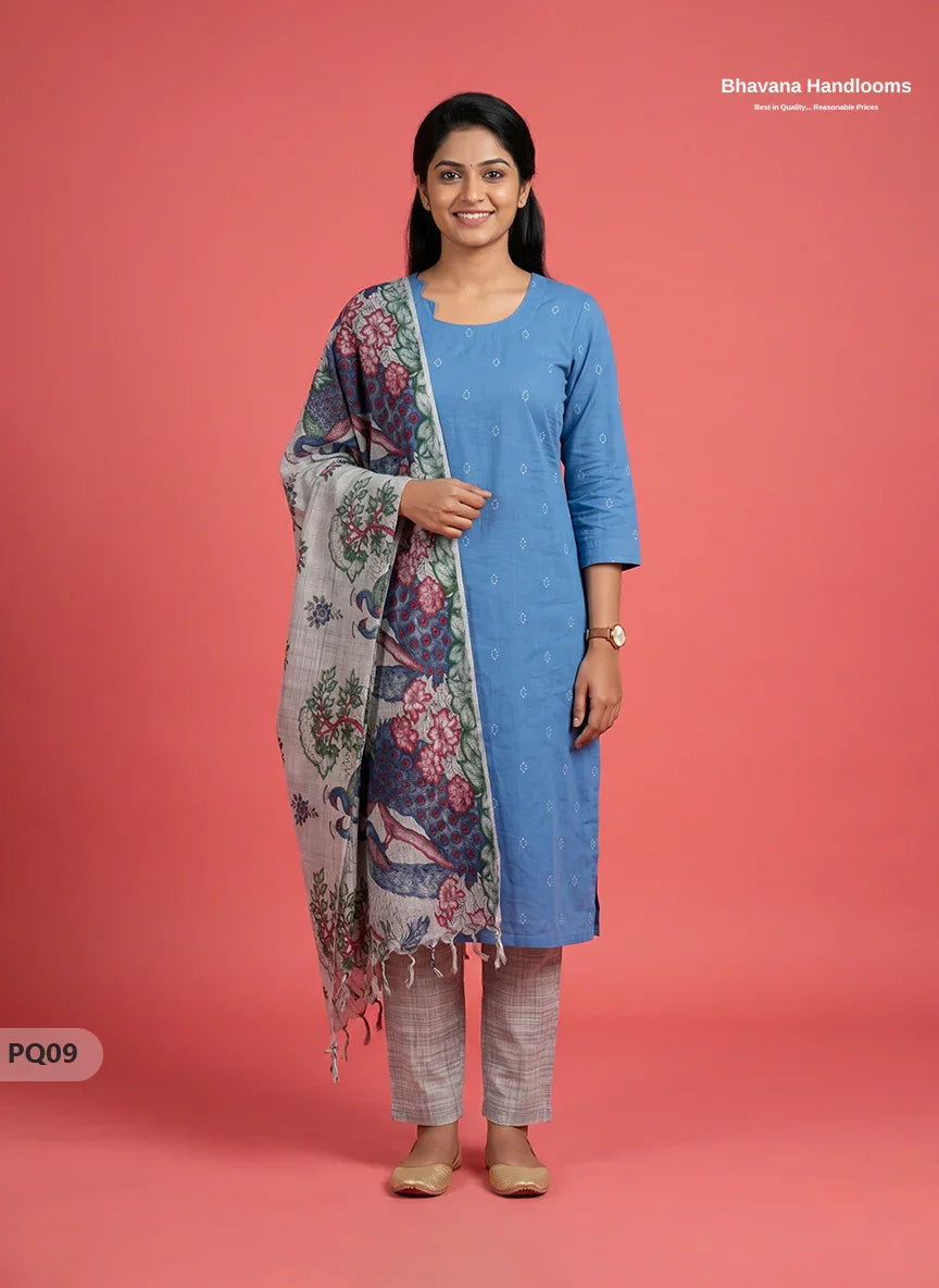 Sky Blue Jacquard 3PC Kurti Set with Peacock Dupatta & Elastic Pant | Bhavana Handlooms