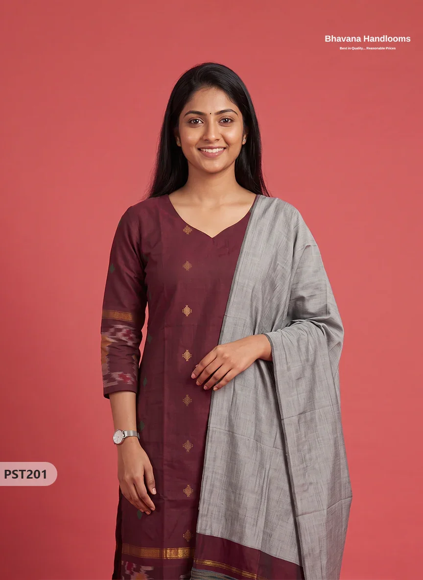 Pochampally Semi Pattu 3PC Kurti Set in Burgundy Maroon Colour | Ready-to-Wear Ethnic Wear