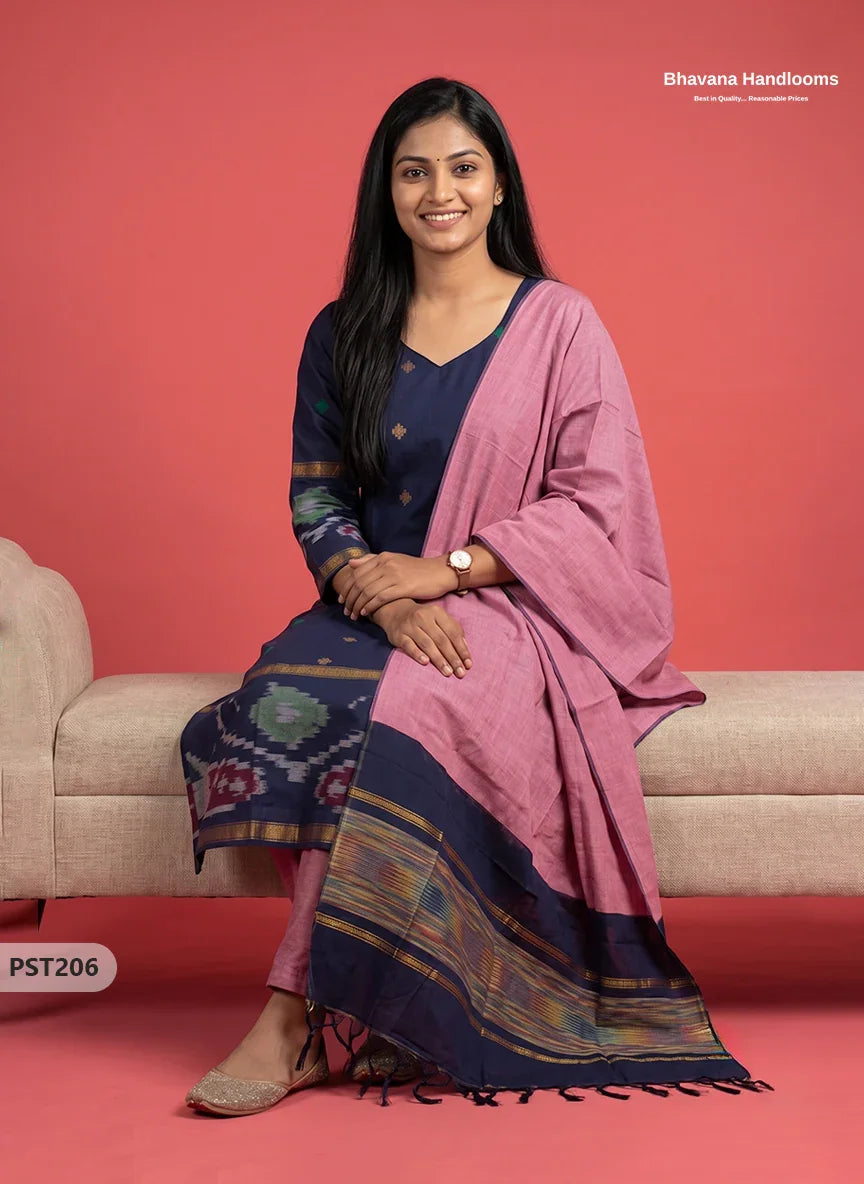 Pochampally Semi Pattu 3PC Kurti Set in Midnight Navy Blue | Ready-to-Wear Ethnic Wear