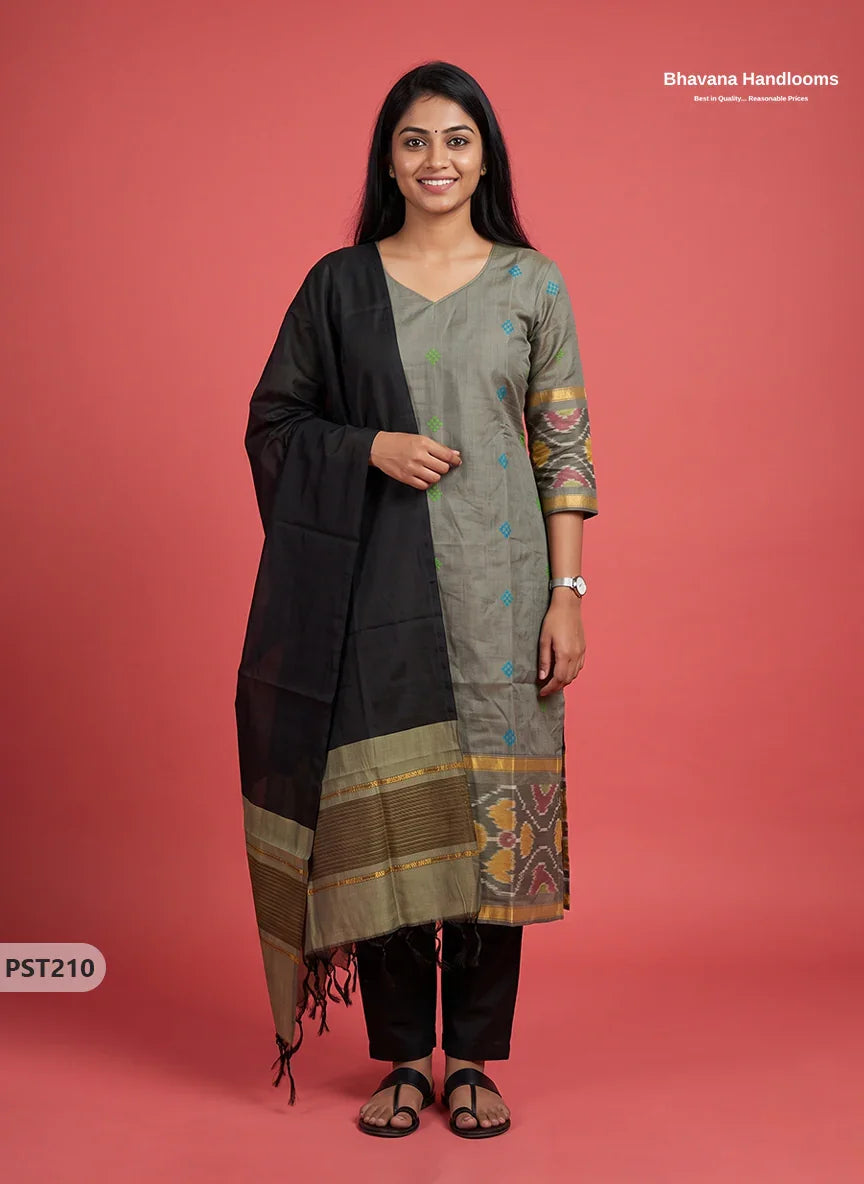 Pochampally Semi Pattu 3PC Kurti Set in Olive Grey Colour | Ready-to-Wear Ethnic Wear