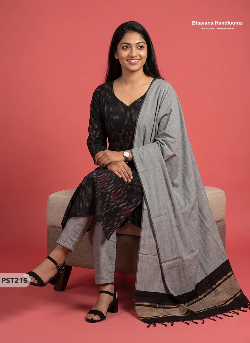 Pochampally Semi Pattu 3PC Kurti Set in Black Colour | Ready-to-Wear Ethnic Wear