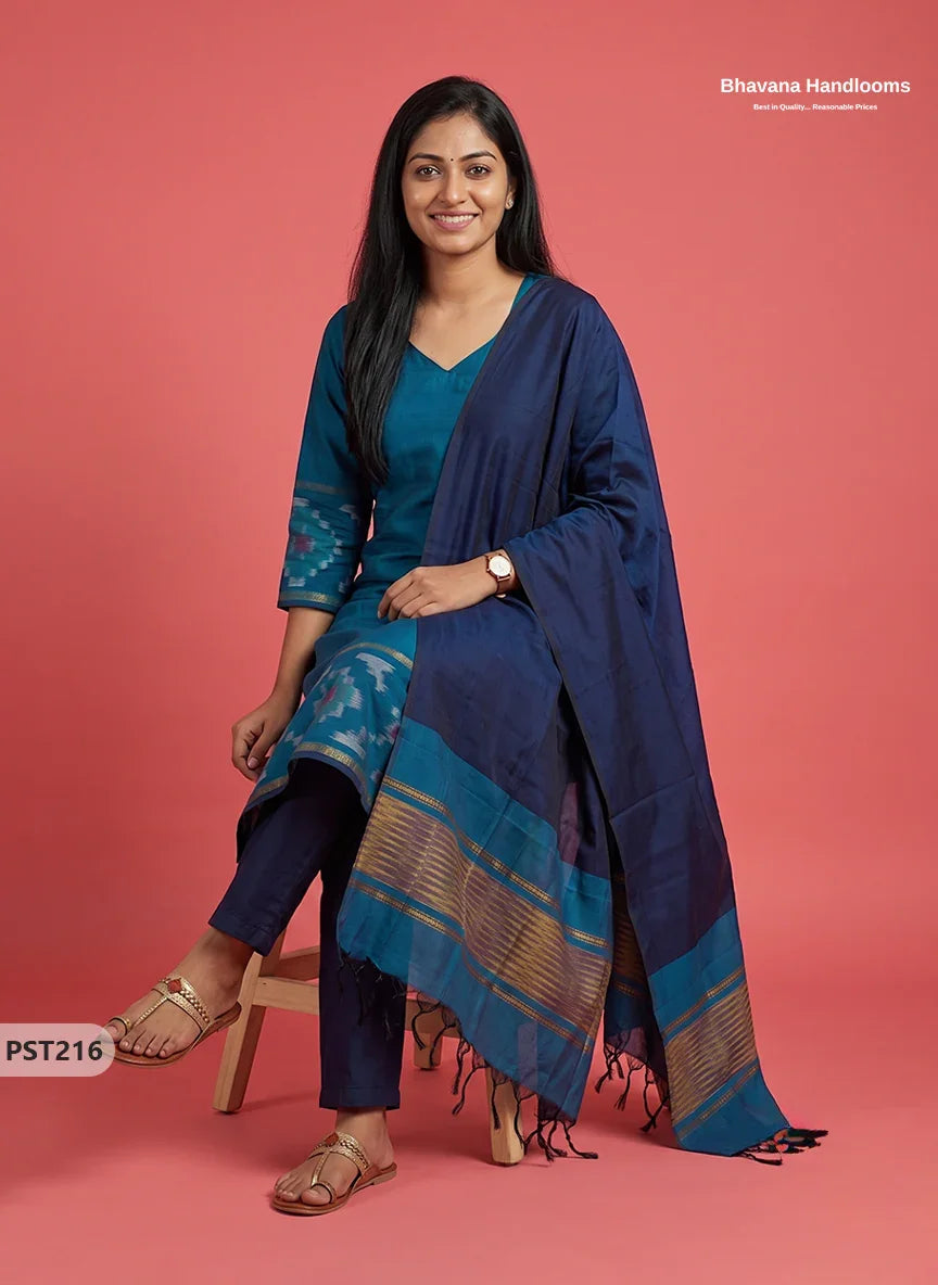 Pochampally Semi Pattu 3PC Kurti Set in Peacock Blue Colour | Ready-to-Wear Ethnic Wear