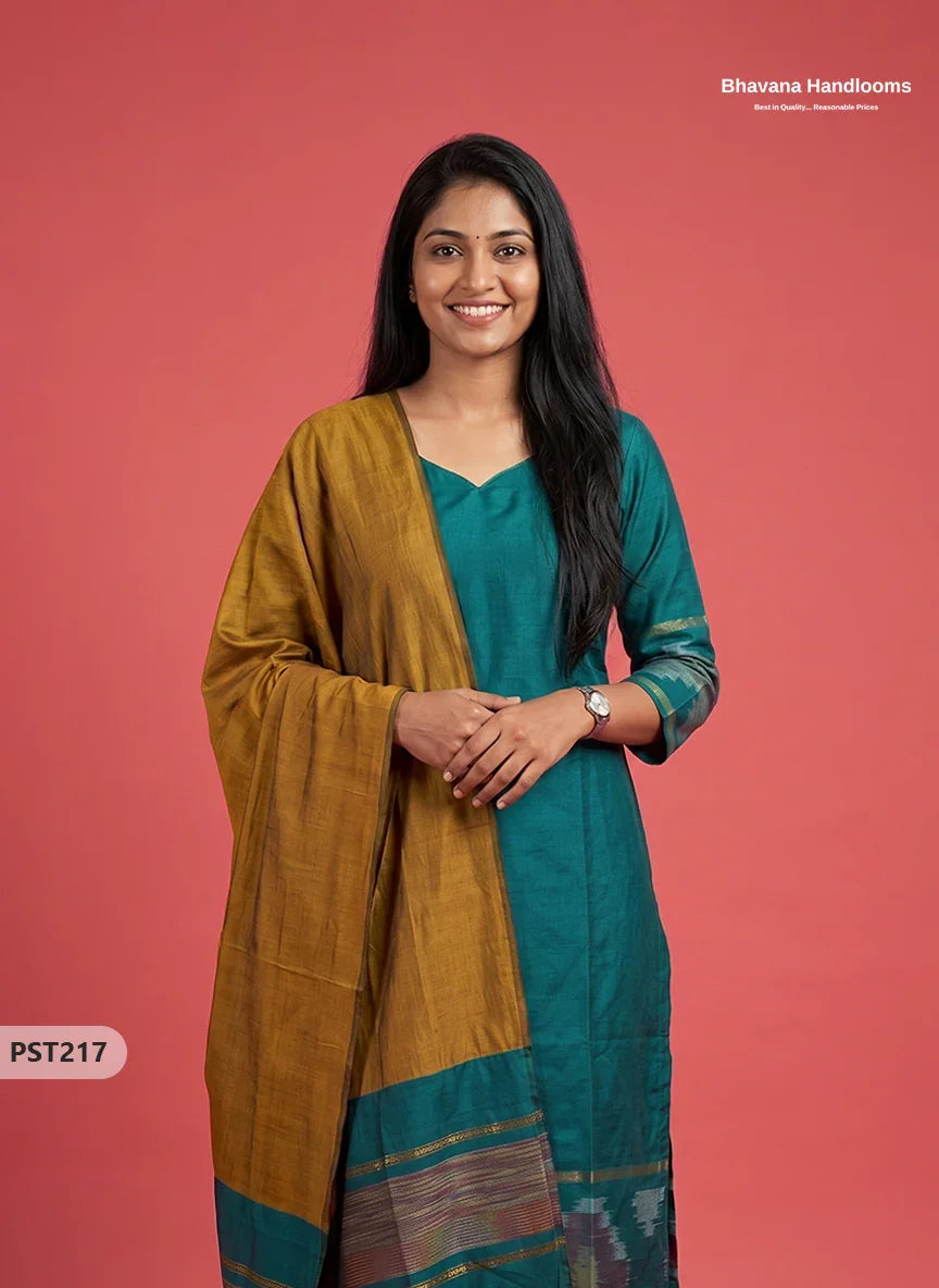 Pochampally Semi Pattu 3PC Kurti Set in Peacock Teal Green Colour | Ready-to-Wear Ethnic Wear