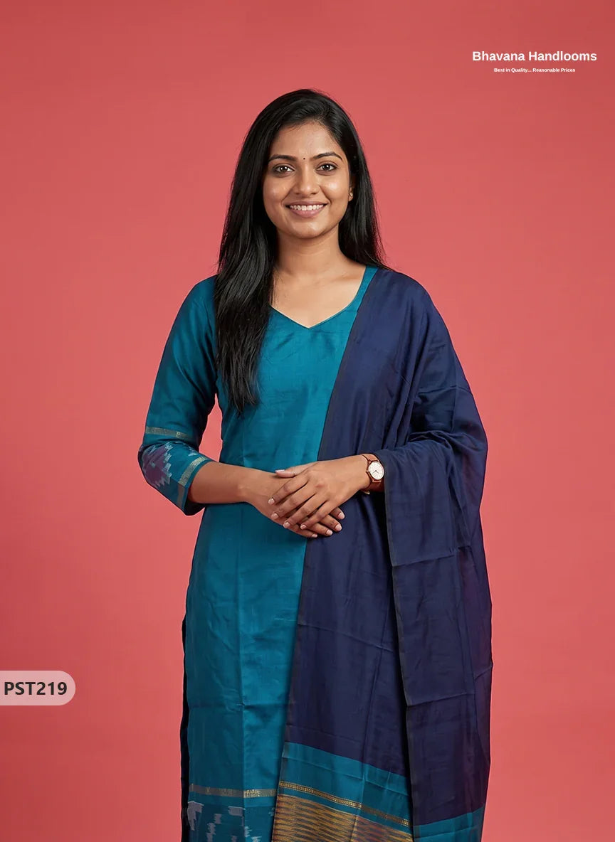 Pochampally Semi Pattu 3PC Kurti Set in Peacock Blue Colour | Ready-to-Wear Ethnic Wear