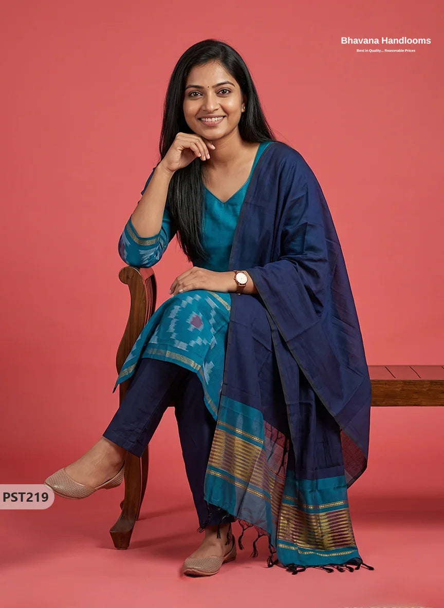 Pochampally Semi Pattu 3PC Kurti Set in Peacock Blue Colour | Ready-to-Wear Ethnic Wear