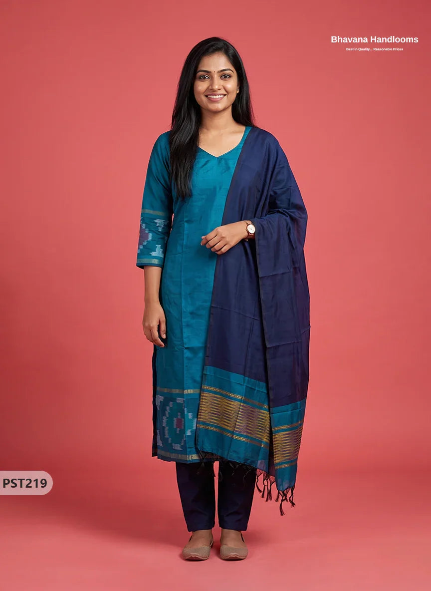 Pochampally Semi Pattu 3PC Kurti Set in Peacock Blue Colour | Ready-to-Wear Ethnic Wear