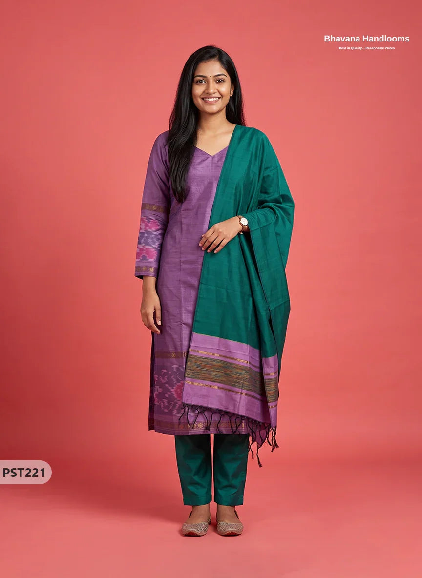 Pochampally Semi Pattu 3PC Kurti Set in Muted Lavender Colour | Ready-to-Wear Ethnic Wear