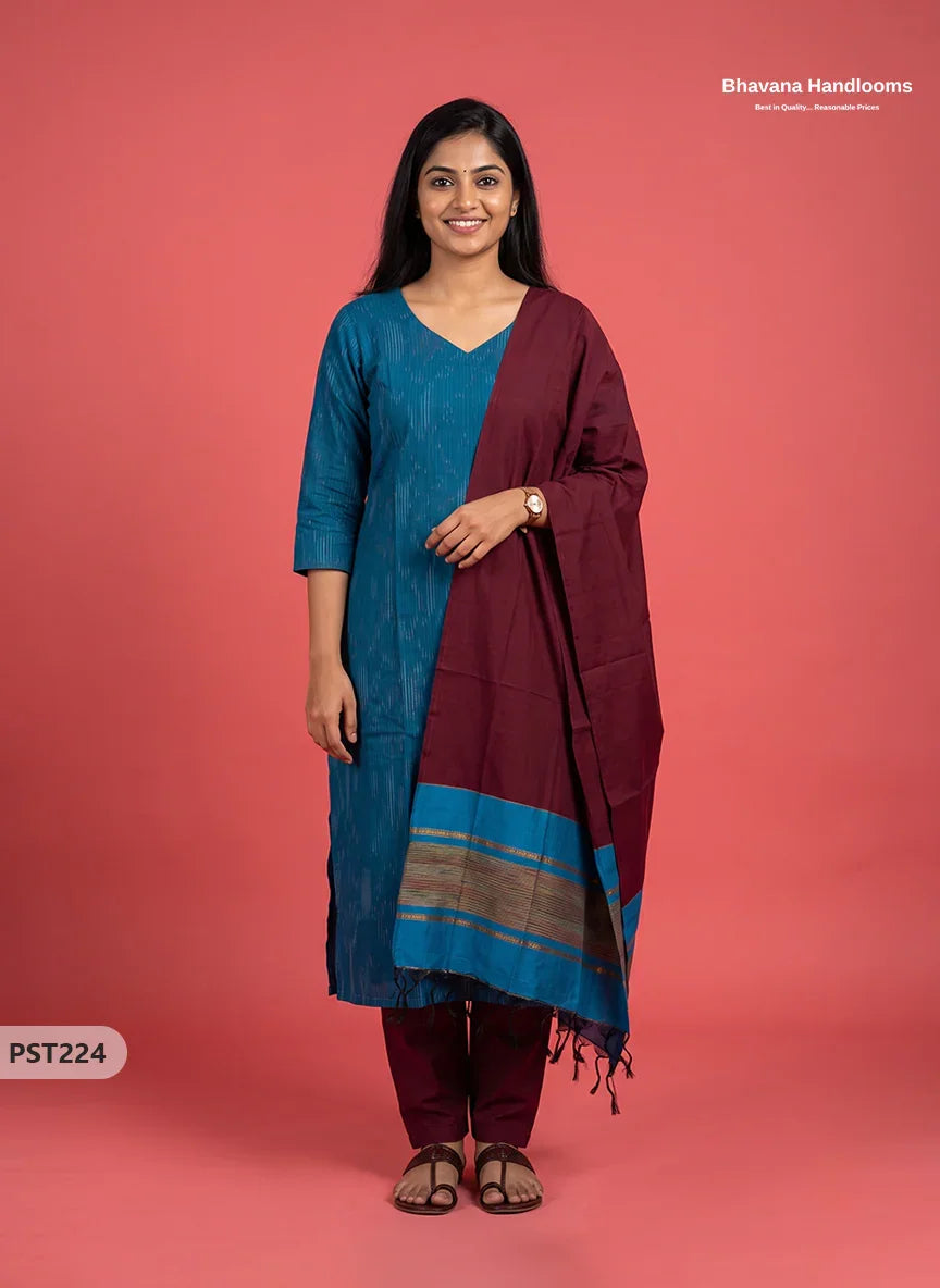 Pochampally Semi Pattu 3PC Kurti Set in Peacock Blue Colour | Ready-to-Wear Ethnic Wear