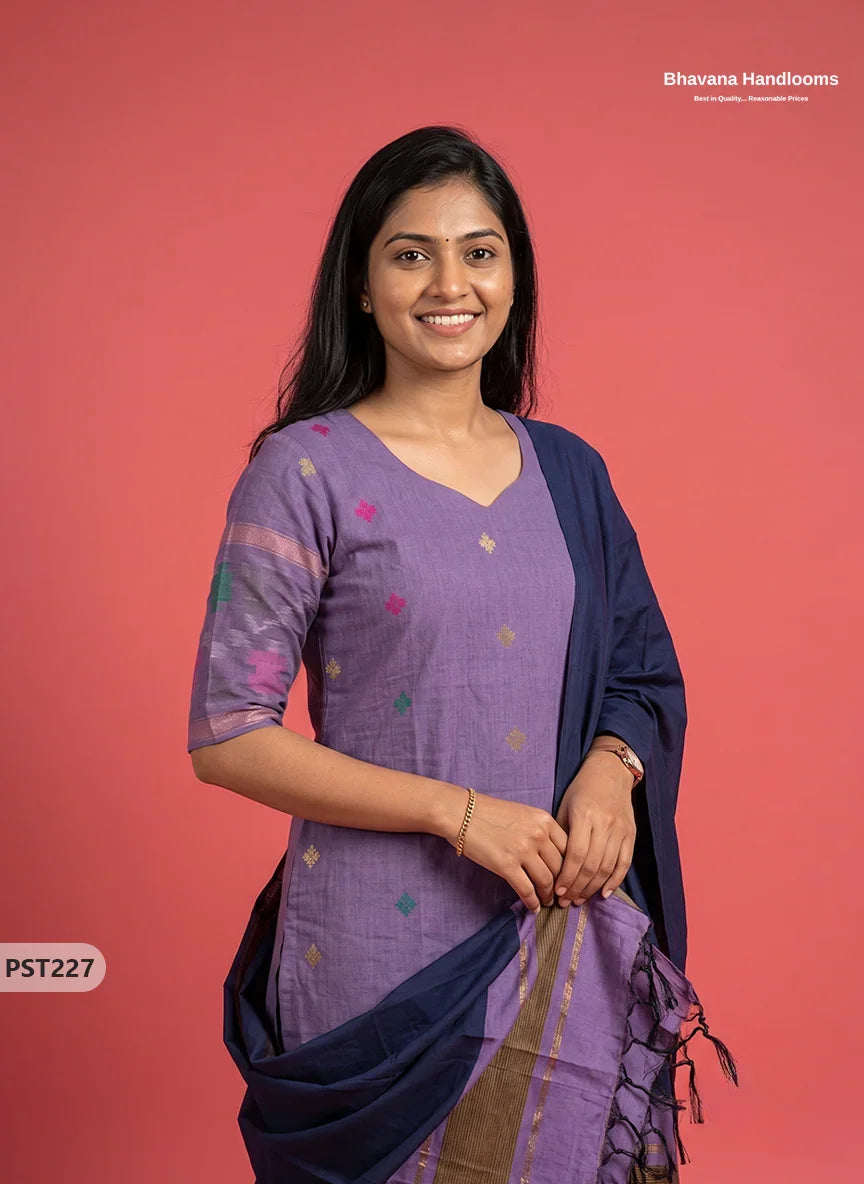 Pochampally Semi Pattu 3PC Kurti Set in Muted Lavender Colour | Ready-to-Wear Ethnic Wear